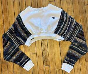 Rare! Champion- Carlo Colucci-style patterned knit hybrid crewneck Cropped